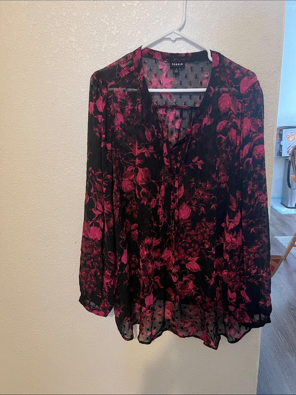 torrid Black & Fuchsia sheer dot Floral Tie-Front Blouse